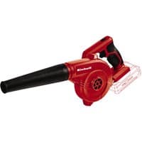 Red Einhell cordless blower with black nozzle and ergonomic handle, 18V battery slot visible.