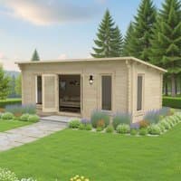 Forest Arley 6m x 3m log cabin with natural wood finish, large windows, and double doors, set in a garden with trees.