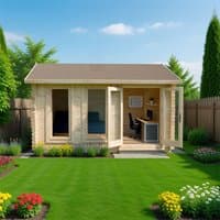 Forest Chiltern log cabin, 4m x 3m, 34mm wood, double glazed windows, open double doors, pitched roof, garden setting.