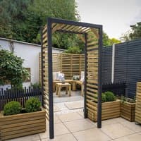 Forest Contemporary Slatted Garden Arch with black frame and natural wood slats, set in a modern patio garden.