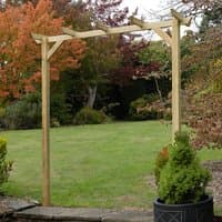 Wooden garden pergola arch with flat top design, natural finish, and sturdy posts, set in a grassy garden area.