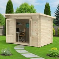 Forest Harwood 3m x 2m log cabin, natural wood finish, flat roof, open double doors, interior desk and chair visible.