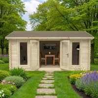 Forest Rushock log cabin, 5m x 4m, light wood, double doors, windows, pitched roof, set in a lush garden.