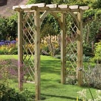 Wooden garden pergola arch with lattice sides and curved top, 6'x4', natural finish, surrounded by lush greenery.