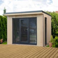 Forest Xtend 3.0 insulated garden office with light wood panels, large glass doors, and flat roof, 2.98m x 2.9m.