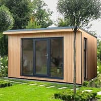 Wooden garden office with large glass doors, flat roof, and natural finish, surrounded by greenery.
