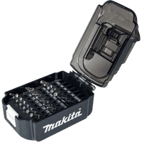 Makita 21-piece bit set in black case with transparent lid, featuring various drill bits neatly organized in slots.