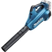 Blue Makita cordless blower with dual battery slots and ergonomic handle, featuring a long black nozzle.