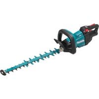 Makita DUH502Z 18V LXT Brushless Hedge Trimmer, teal and black with long dual-action blade and ergonomic handle.