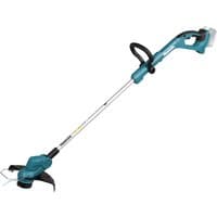 Makita DUR193Z 18V LXT grass trimmer, teal and black, with adjustable handle and cutting head.