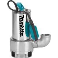 Makita PF1110 submersible water pump, silver body, blue handle, black cord, and side outlet pipe.