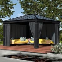 Black gazebo curtains set for Dallas 4300, enclosing a gazebo with yellow seating on a wooden deck.