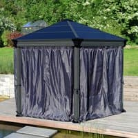 Gray Palram Canopia gazebo curtains set with tiebacks, designed for Roma and Monaco gazebos, shown on a wooden deck.