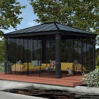 Palram Canopia Gazebo Netting Set for Dallas 4300, black mesh panels on a dark frame with a peaked roof in a garden setting.