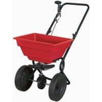 Red Sealey SPB27W spreader with black handle, large wheels, and a 27kg capacity hopper.