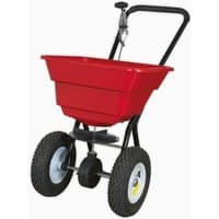 Red Sealey SPB37W spreader with black handle, large wheels, and a sturdy plastic hopper.