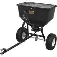Black Sealey tow-behind broadcast spreader with 80kg capacity, large wheels, and a sturdy metal frame.