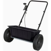 Black Sealey SPD27W 27kg drop spreader with large wheels, metal handle, and rectangular hopper.