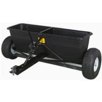 Black Sealey SPD80T 80kg drop spreader with large wheels, tow bar, and rectangular hopper for towing behind vehicles.