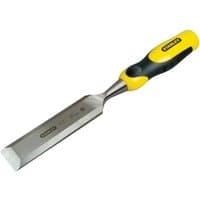 Stanley 32mm bevel edge chisel with yellow and black Dynagrip handle and polished steel blade.