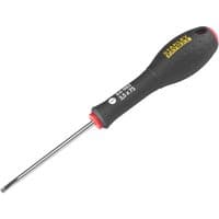 Black Stanley FatMax screwdriver with red accents, 3.5 × 75mm parallel tip, ergonomic grip handle.
