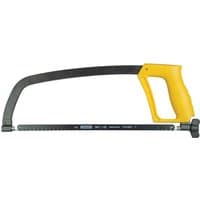 Yellow-handled Stanley 300mm hacksaw with black metal frame and adjustable blade tension knob.