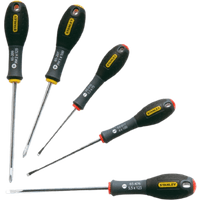 Stanley FatMax 5-piece screwdriver set with black ergonomic handles and yellow accents, various flat and Phillips heads.
