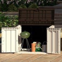 Toomax Extra Large 842L plastic outdoor shed, beige with brown lid, open double doors, garden tools inside.