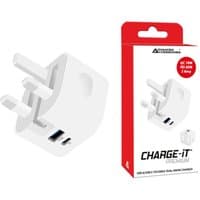 White foldable 38W dual mains charger with USB-C and USB-A ports, shown with red and white packaging.