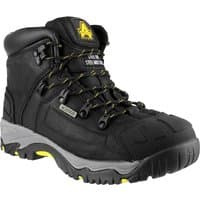 Black Amblers waterproof safety boot with wide fit, yellow accents, padded collar, and rugged sole.