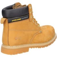 Tan Amblers Safety boot, Goodyear welted, black padded collar, yellow laces, rugged sole, size 5.