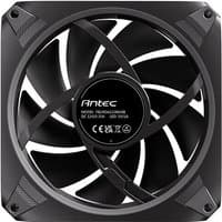 Black Antec Orbit 120 ARGB computer fan with sleek curved blades and central logo, designed for efficient cooling.