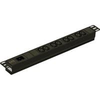 Black APC Easy Rack PDU, 1U, with 8 C13 outlets and C20 inlet, rectangular design, metal casing.