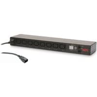 Black APC NetShelter PDU, 1U rack mount, 8 C13 outlets, C14 cord, digital display, rectangular design.