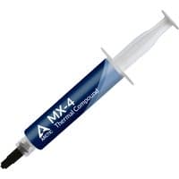 Blue and white syringe of Arctic MX-4 thermal paste with black nozzle and "Thermal Compound" text.