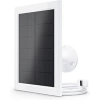 White Arlo solar panel charger with black solar cells and attached white cable.