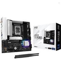 Asrock B860M Pro RS WiFi Motherboard, black with silver heatsinks, LGA 1851 socket, Micro ATX, includes box and antennas.