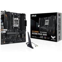ASUS TUF GAMING A620M-PLUS WIFI micro ATX motherboard, black with silver accents, box, and antenna included.