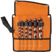 Orange Bahco 6 Piece Auger Drill Bit Set in a roll-up pouch, featuring spiral design and black handles.