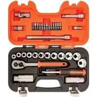 Bahco S330 socket set with orange case, includes ratchet, sockets, and accessories neatly organized in compartments.
