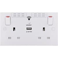 White BG Electrical 2 gang switched socket with square edge, Wi-Fi extender, USB port, and red switch accents.