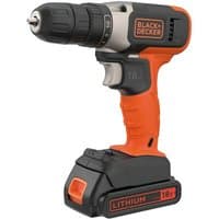 Black & Decker cordless drill, black and red, keyless chuck, ergonomic grip, lithium battery base.