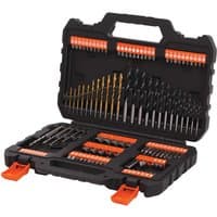 Black + Decker 109 piece set with drill bits and screwdriver heads in a black case with orange latches.