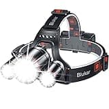 Blukar head torch with three bright LED lights, adjustable strap, black design, and red accents.