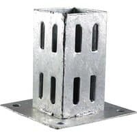 Galvanised Timco bolt down fence post shoe with slotted sides and square base plate with four corner holes.