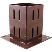 Bolt Down Fence Post Shoe, oxide powder coated, brown finish, square base with four bolt holes and vertical slots.