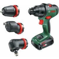 Green Bosch cordless drill with black grip, 2.5Ah battery, charger, and three black and red attachments.