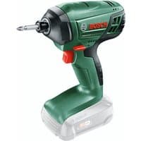 Green Bosch cordless impact driver with black grip, red trigger, and silver bit, bare unit without battery.