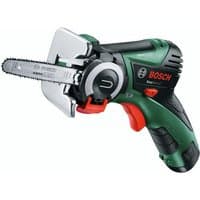 Green Bosch EasyCut 12V cordless saw with black handle, silver blade guard, and red trigger.