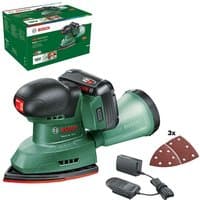 Green Bosch EasySander 18V-8 detail sander with black grip, 2.5Ah battery, charger, and triangular sanding pads.